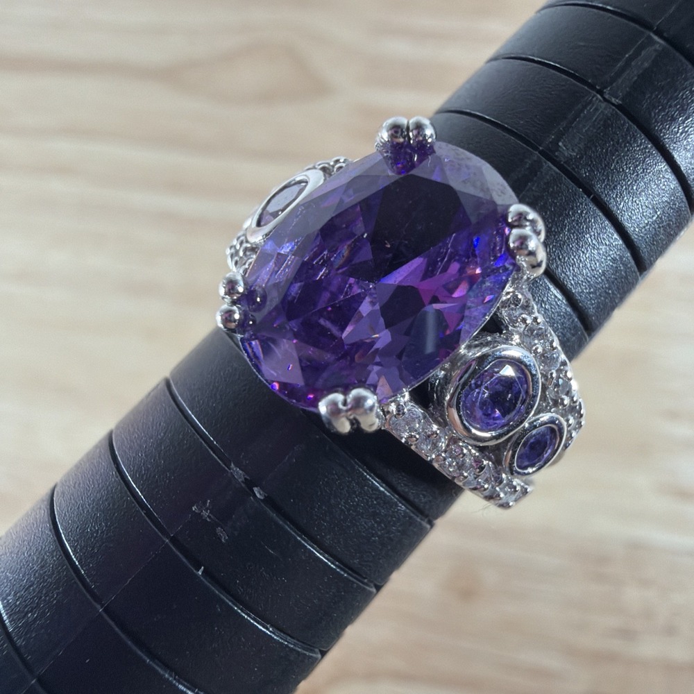 Oval Purple Amethyst CZ 925 Sterling Silver Ring Size 9 Chunky